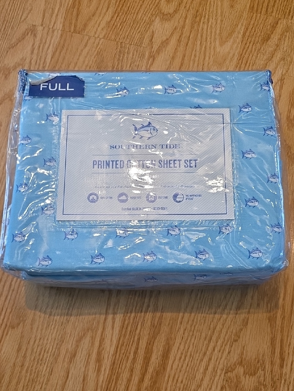 Southern Tide Light Blue Printed Full Sheet Set with Small Fish Motif